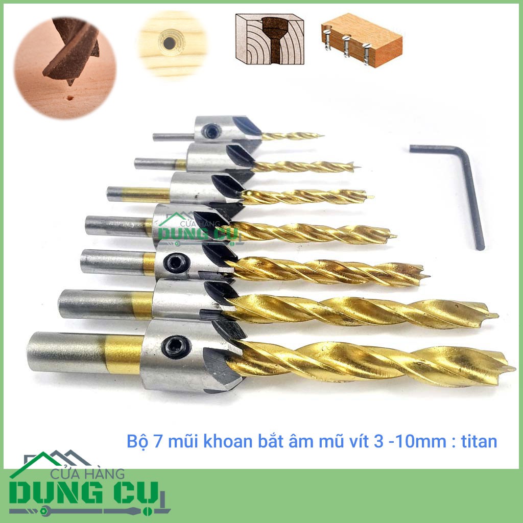 Bộ 7 mũi khoan gỗ đầu đinh bắt âm mũ vít phủ titanium