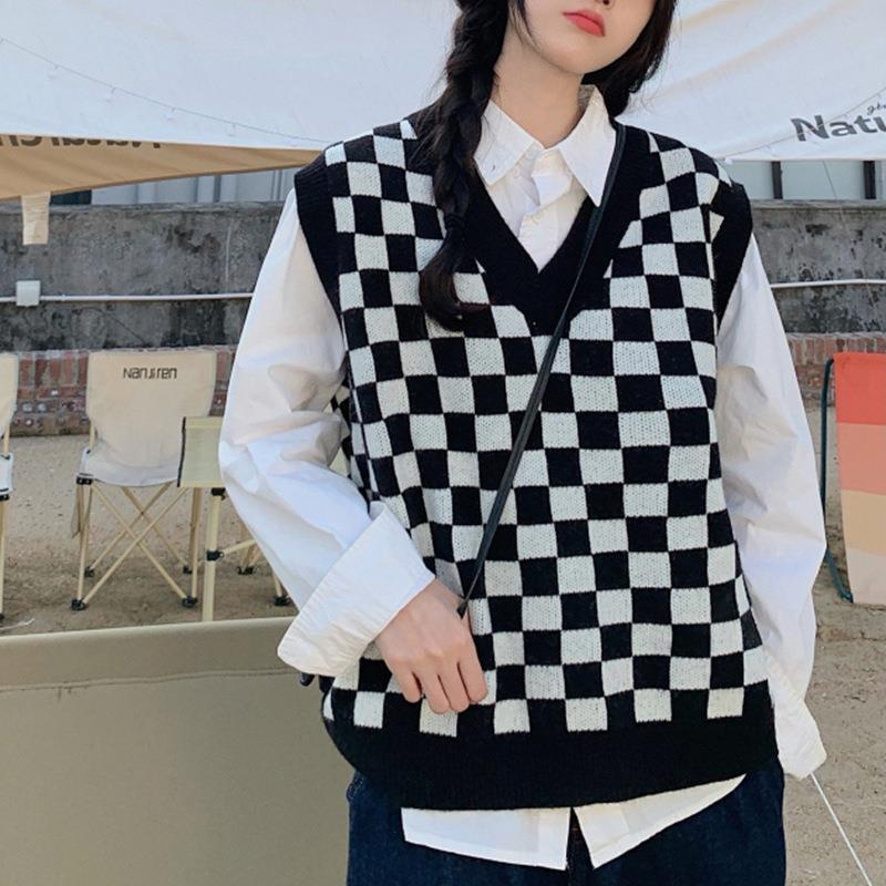 Áo khoác dệt kim không tay cổ chữ V màu sắc tương phản phong cách Hàn Quốc