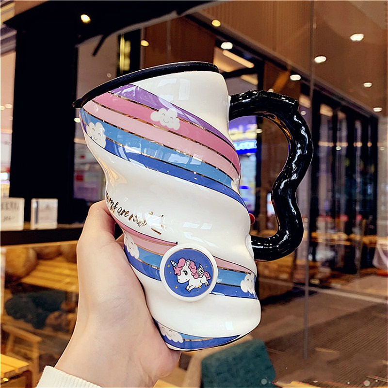 Cốc sứ văn phòng giữ nhiệt cao cấp 500ml, ly sứ uống nước Unicorn cute dễ thương có nắp đậy cỡ lớn HILLS STORE
