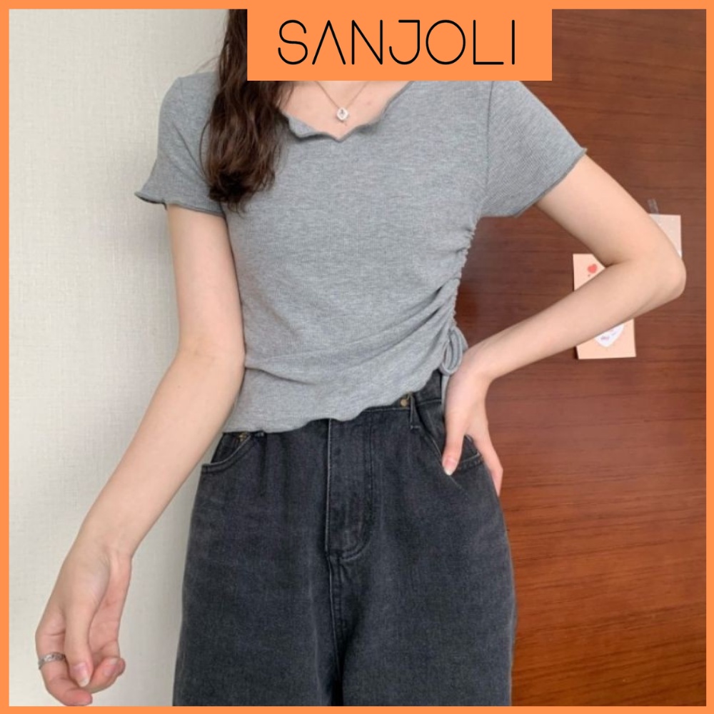 Áo Croptop Ôm Body SANJOLI Áo Kiểu Crt Sexy Nữ Tay Ngắn Cột Dây Đẹp Bánh Bèo Hàn Quốc AO035