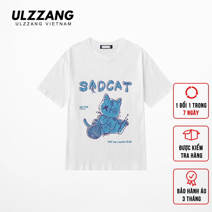 Áo thun tay lỡ ULZZANG cotton dáng unisex form rộng in hình sad cat