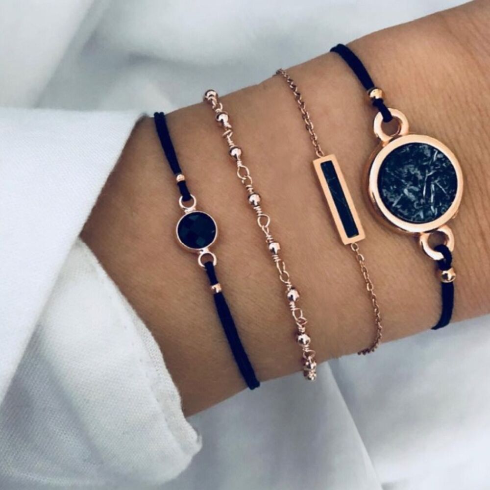 ✨Girlunderwear ✨New Bohemian Black Rope Chain Bracelet Set For Women aircraft Shell Moon Heart crystal Charm Bangle Boho Jewelry