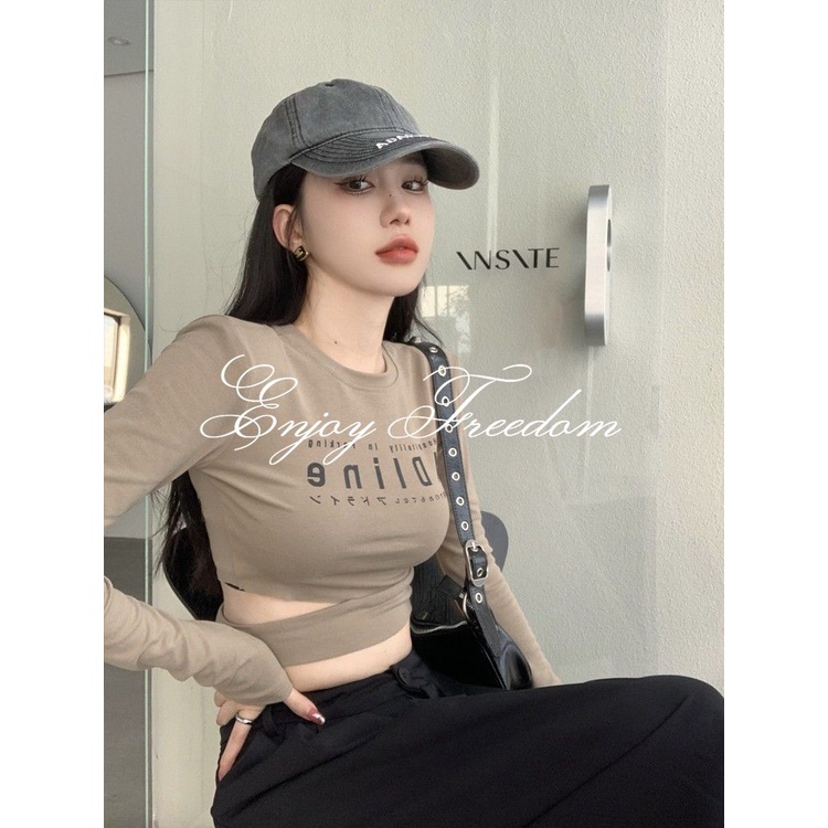 Enjoy Freedom Áo Thun Croptop Tay Dài Dáng Ôm In Chữ Thời Trang Thu Đông 2022