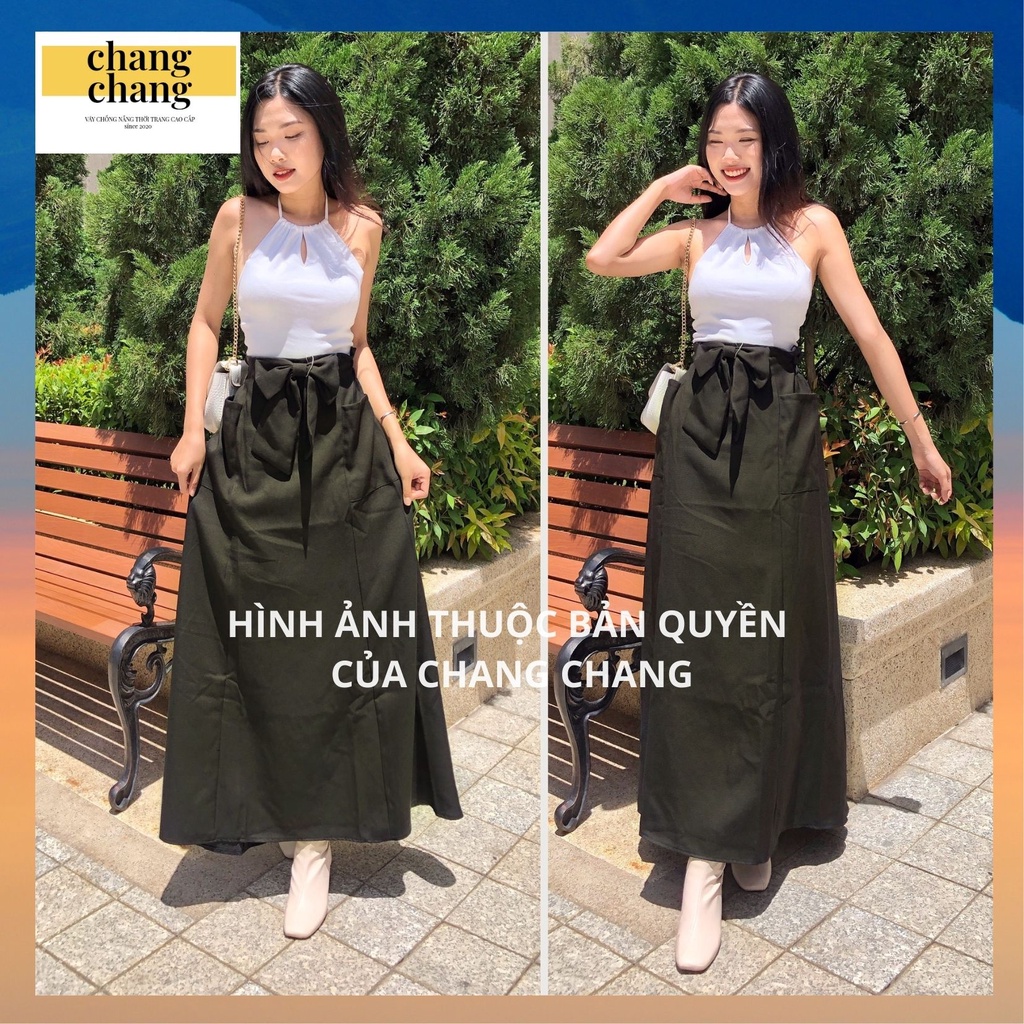 Quây Chống Nắng Lưng Thun Cài Nút CHANG CHANG, Váy Che Nắng Thiết Kế Vải Quần Tây Mềm Mát - Màu Rêu Đậm Nơ