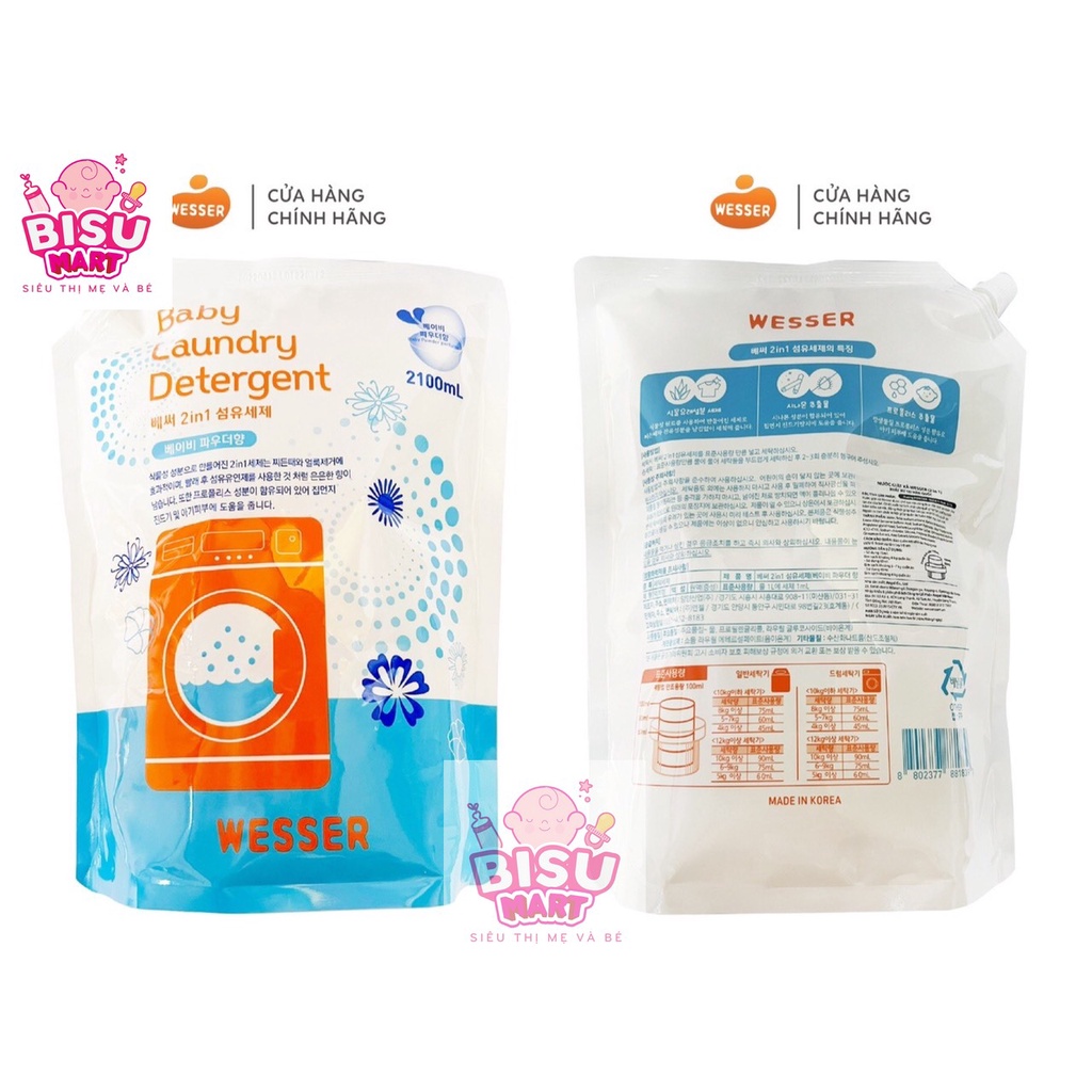 Nước giặt xả Wesser 2in1 cho bé Hương phấn và Hương Hoa hồng - 2100ml