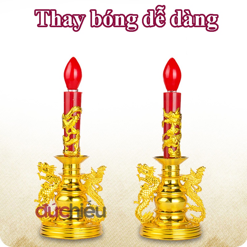 Đèn cầy điện để bàn thờ hình rồng phượng cao 28cm  – Đức Hiếu Shop