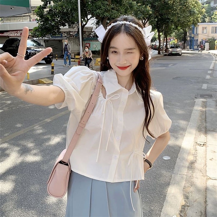 Áo Thun Tay Ngắn Phối Dây Rút Phong Cách Hàn Quốc Thời Trang Mùa Hè Mới Cho Nữ