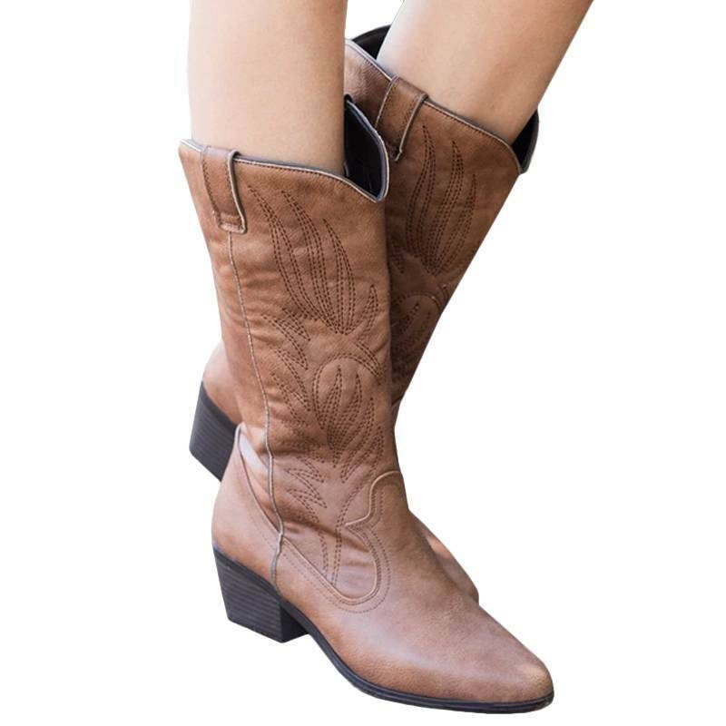 Giày bốt da bò cổ cao ngang bắp chân dạng kéo lên phong cách vintage Phương Tây thời trang cho nữ