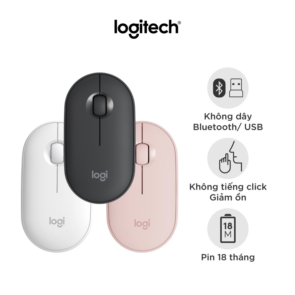 Chuột không dây Logitech Pebble M350 - Bluetooth/ USB, nhỏ gọn, giảm ồn, MacOS / PC - Hàng Chính Hãng