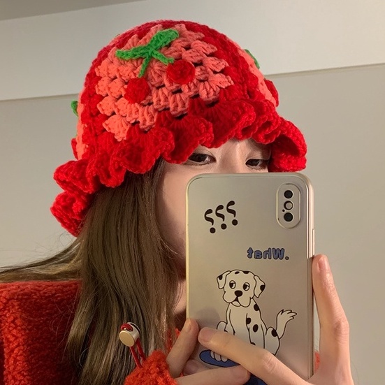 Mũ Bucket Len Dệt Kim Thủ Công In Hình Cherry Phong Cách Nhật Bản Dễ Thương