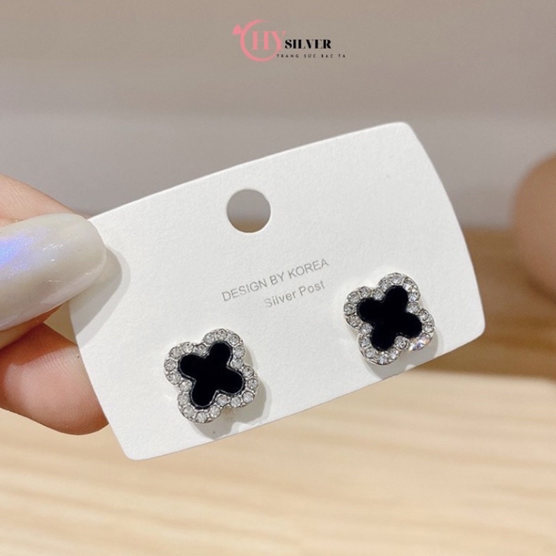 Bông tai bạc ta 4 lá đen viền nạm đá sang chảnh hoa tai nữ