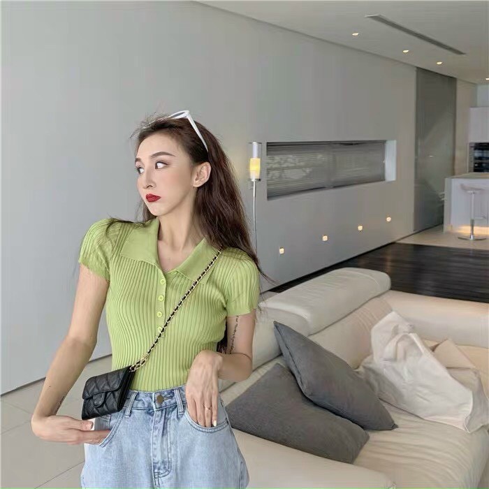 Áo croptop tay ngắn có cổ thun gân nhiều màu