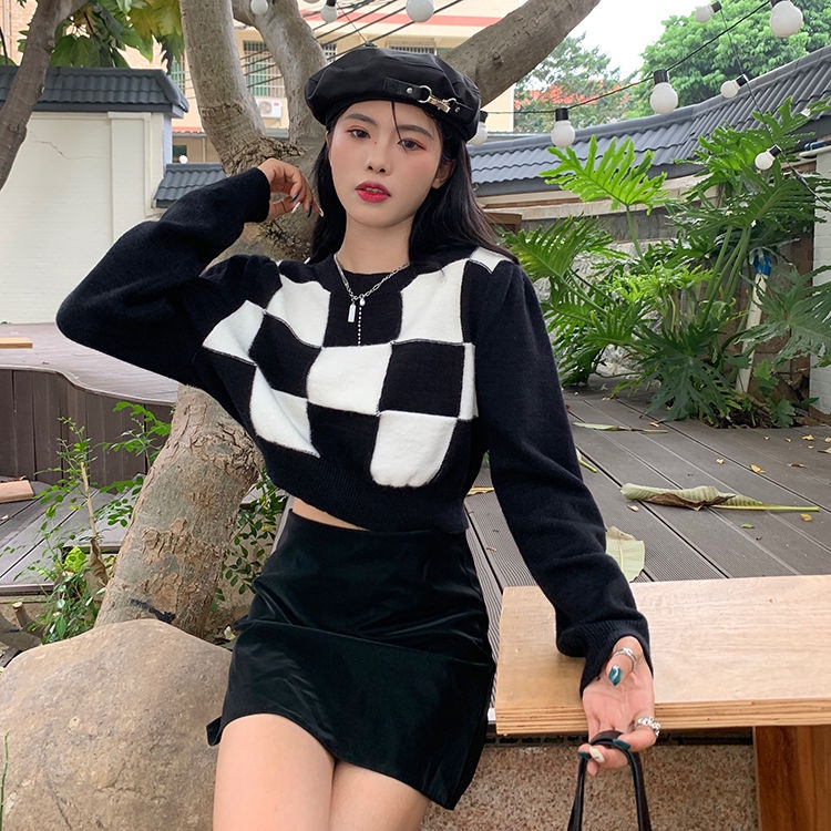 Áo Sweater Dệt Kim Dáng Ngắn Họa Tiết Kẻ Sọc Thời Trang 2022 Mới Cho Nữ