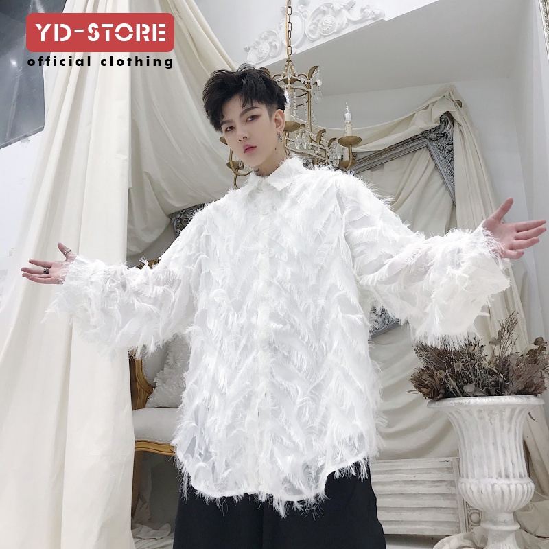 Áo Sơ Mi Dài Tay Xuyên Thấu Hình Lông Vũ Thời Thượng Phong Cách Phương Tây Cho Nam DJ