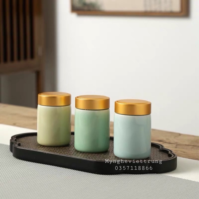 Hũ đựng trà gốm sứ mini nắp hợp kim nhôm