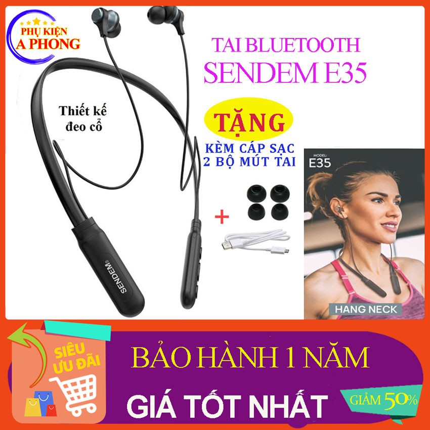 [Bán Chạy] Tai nghe bluetooth thể thao Sendem E35 - Tay nghe quàng cổ không dây bảo hành 1 năm, Pin trâu 15 tiếng