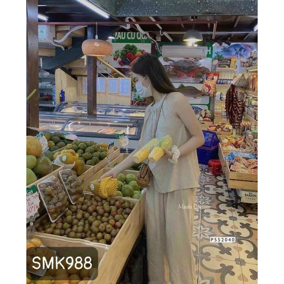 Set Bộ Áo Cổ Yếm Form Xòe Và Quần Dài Chất Liệu Đũi Nhăn ROSE FASHION