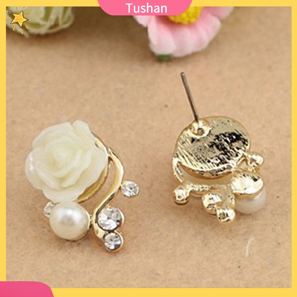 Bông tai hình hoa hồng đính kim cương và ngọc trai giả phong cách Hàn Quốc ngọt ngào cho nữ