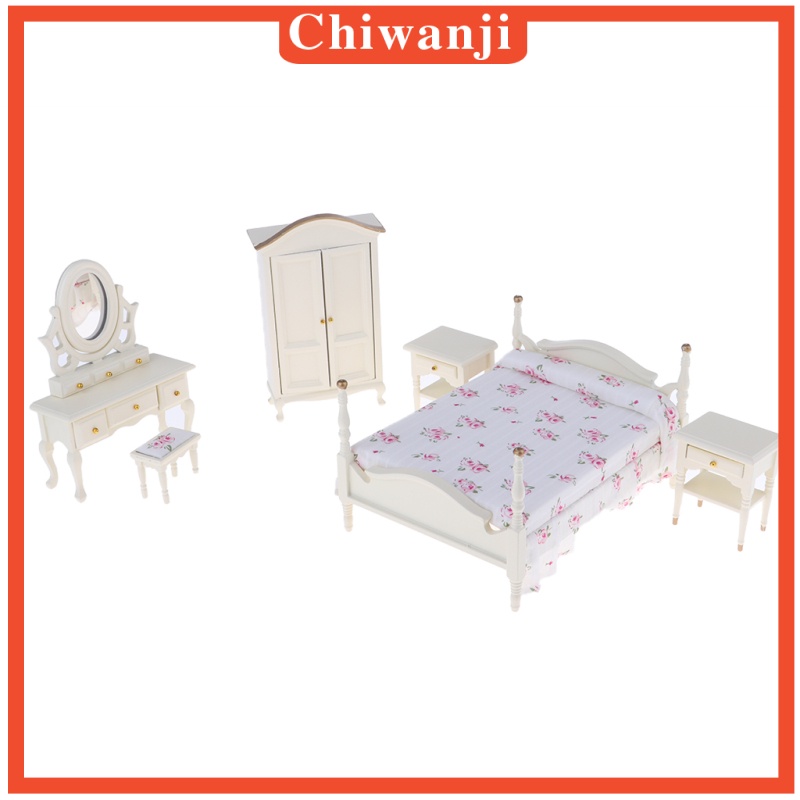 Bộ 6 Đồ Nội Thất Phòng Ngủ Bằng Gỗ Màu Trắng Tỉ Lệ 1: 12 Dùng Trang Trí Nhà Búp Bê