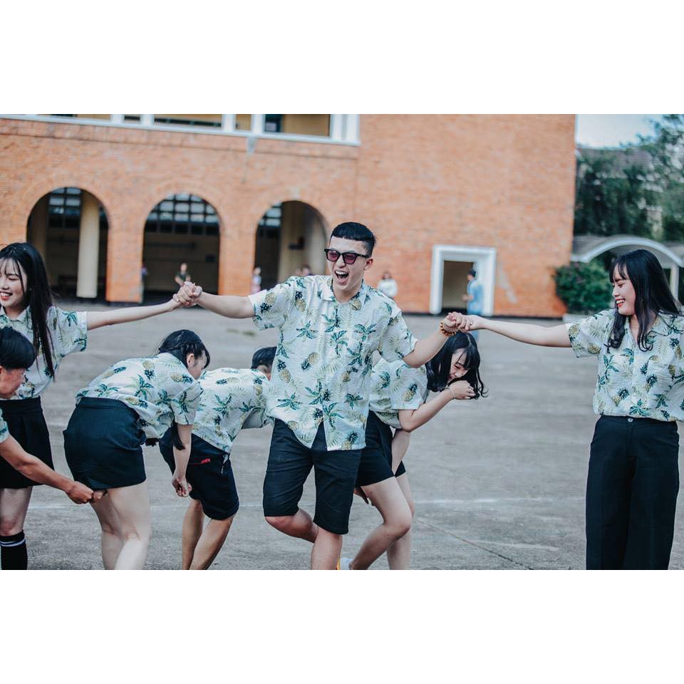 Áo sơ mi trái thơm đi biển, chất đũi, nam nữ mặc đẹp.