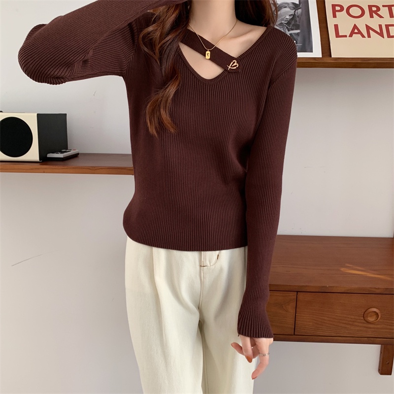 【HangFei】Áo Sweater Dệt Kim Tay Dài Cổ V Thiết Kế Quyến Rũ Cá Tính