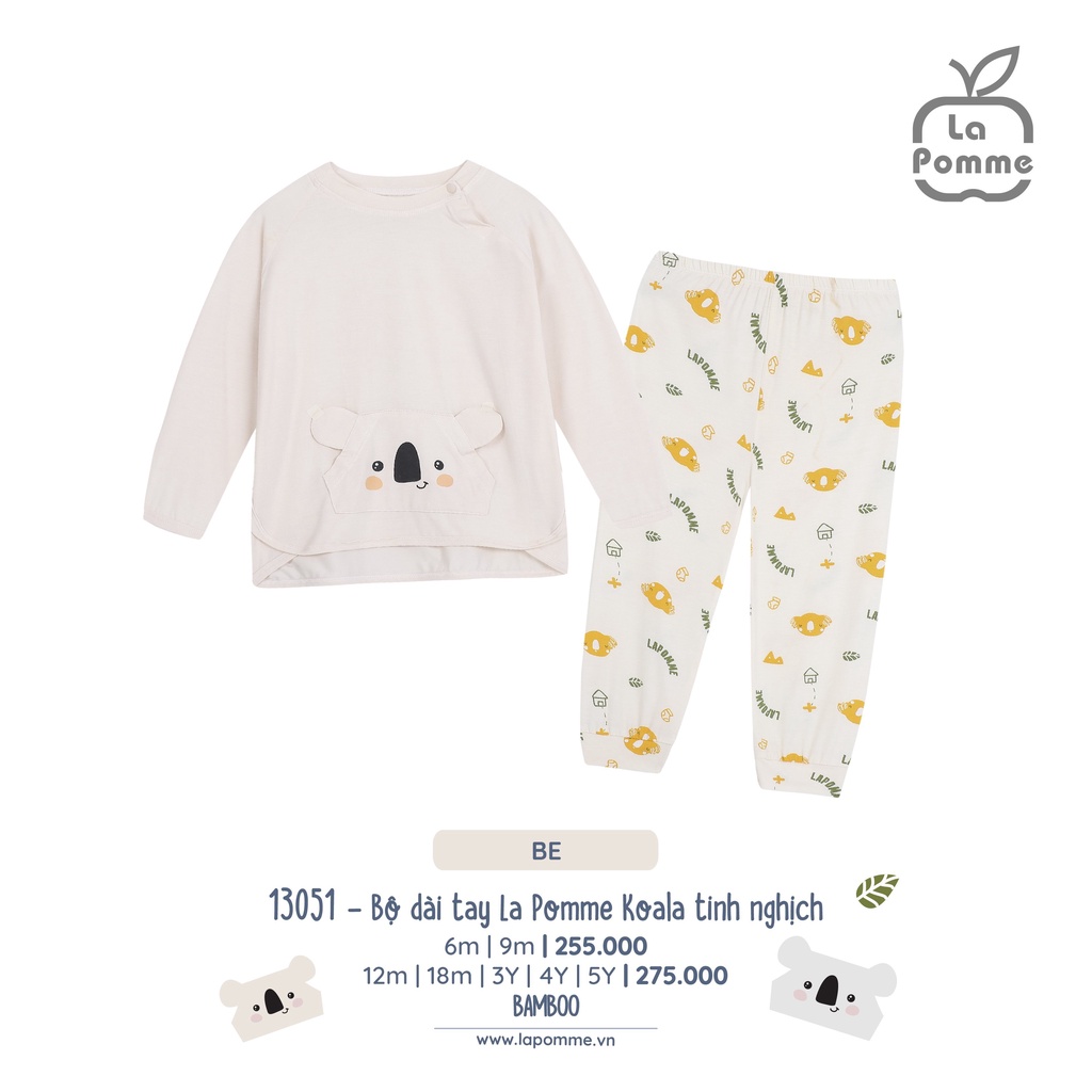 Bộ La Pomme dài tay Bamboo cao cấp mềm mịn thoáng mát thấm hút tốt gấu koala túi tinh nghịch cho bé trai bé gái 13051