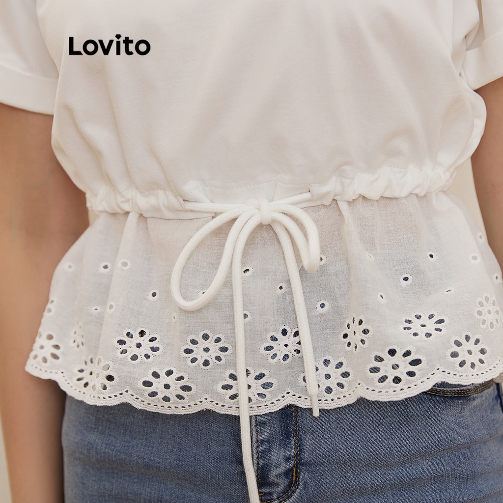 Lovito Áo Kiểu Vải Chiffon Tay Cuộn Dây Rút Màu Trắng Thời Trang L20D053