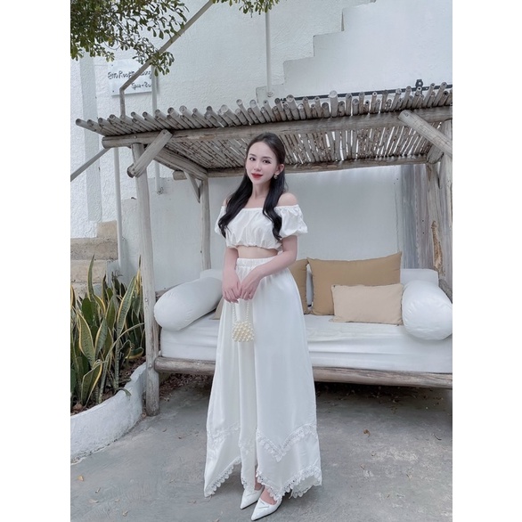 [FREESHIP ]Set trắng phối ren bẹt vai tay ngắn
