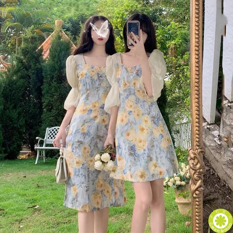 Đầm tay ngắn phồng in hoa dáng rộng thời trang cho nữ