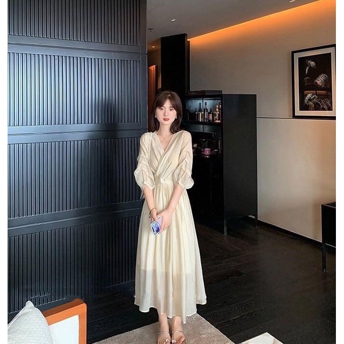 Đầm váy thiết kế tiểu thư cao cấp dáng dài cổ V tay lửng chất liệu Tơ Hàn nữ tính TV11-HTDesign