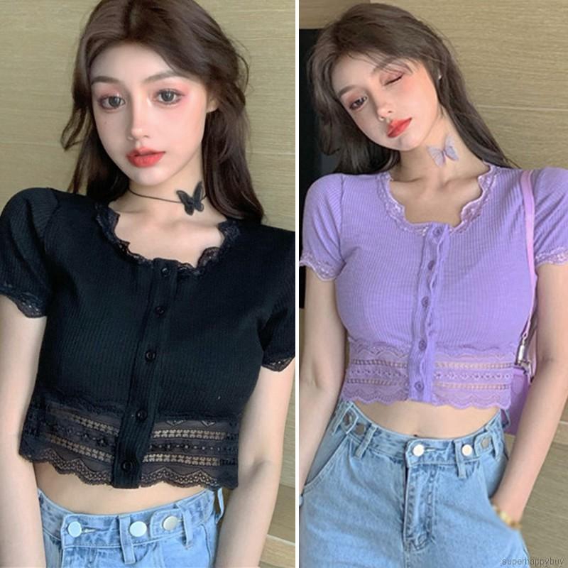 Áo Croptop Dệt Kim Tay Ngắn Phối Nút Thiết Kế Hợp Thời Trang
