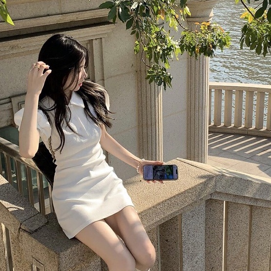 Váy polo cộc tay dáng body trơn màu cộc tay phồng dáng A ngắn sexy freesize chất thun co giãn 4 chiều Ylydress C1013