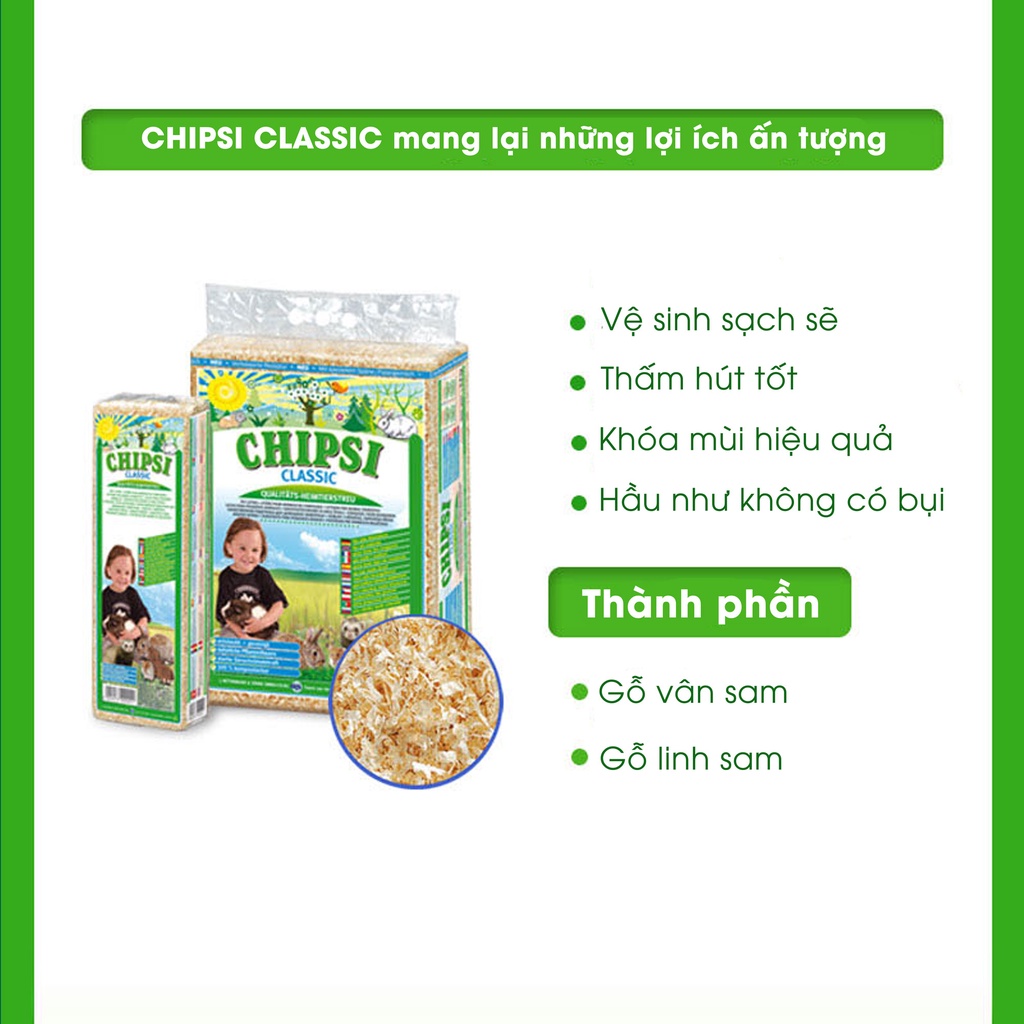 Lót chuồng gỗ cho thú nhỏ Chipsi | 1kg  | Siêu thấm | Khoá mùi hôi | Không bụi | Phân huỷ sinh học