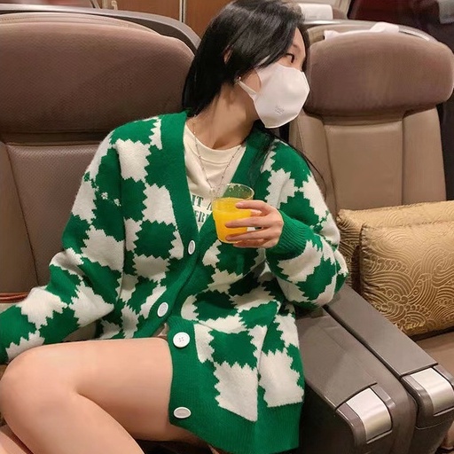 Áo cardigan kẻ caro dáng rộng phong cách Hàn Quốc, Áo khoác len nữ dài tay chất len dệt dày đẹp sang trọng