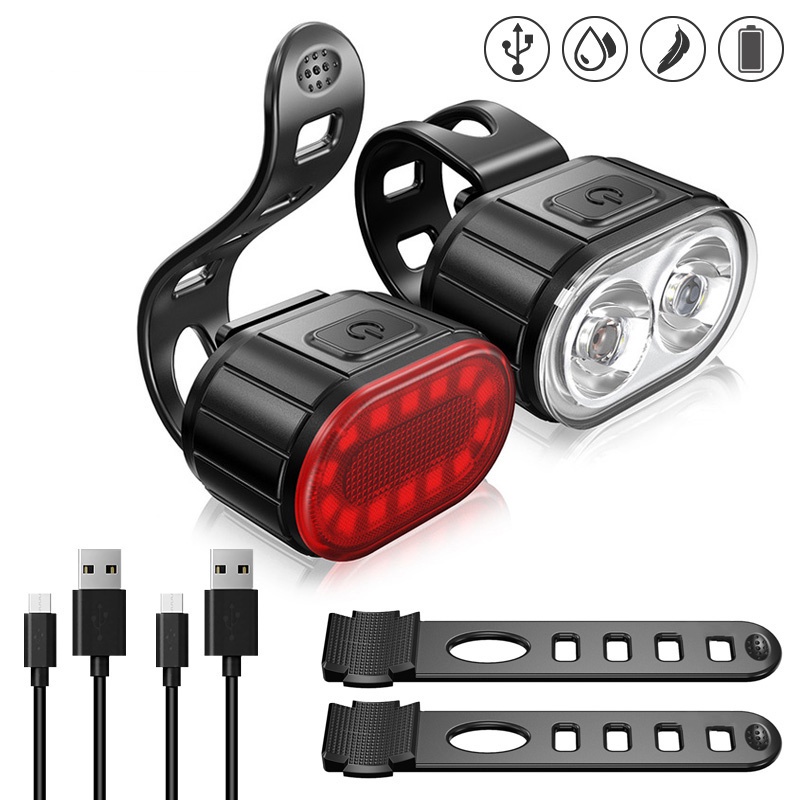 Bộ 2 đèn pha led gắn phía trước và sau xe đạp leo núi chống thấm nước sạc USB tiện dụng