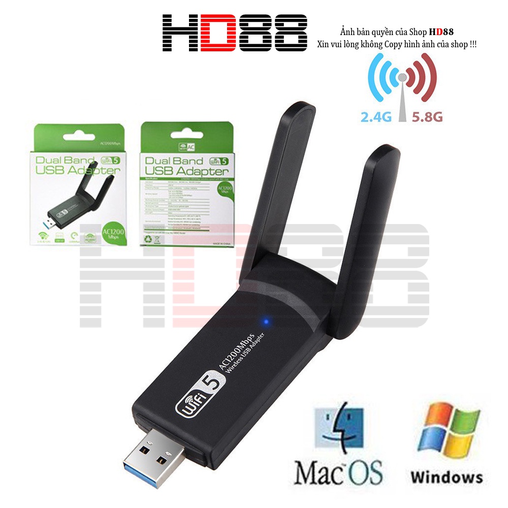 USB Thu Phát Wifi 1200mbps tốc độ cao 2 râu cho máy tính bàn, laptop 2.4 / 5g Usb 3.0 RTL8812BU HD88 - A01