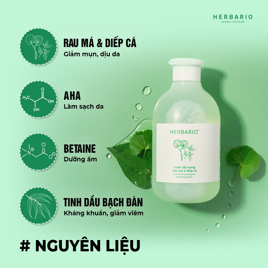 Nước tẩy trang Rau Má & Diếp Cá Herbario 300ml thuần chay