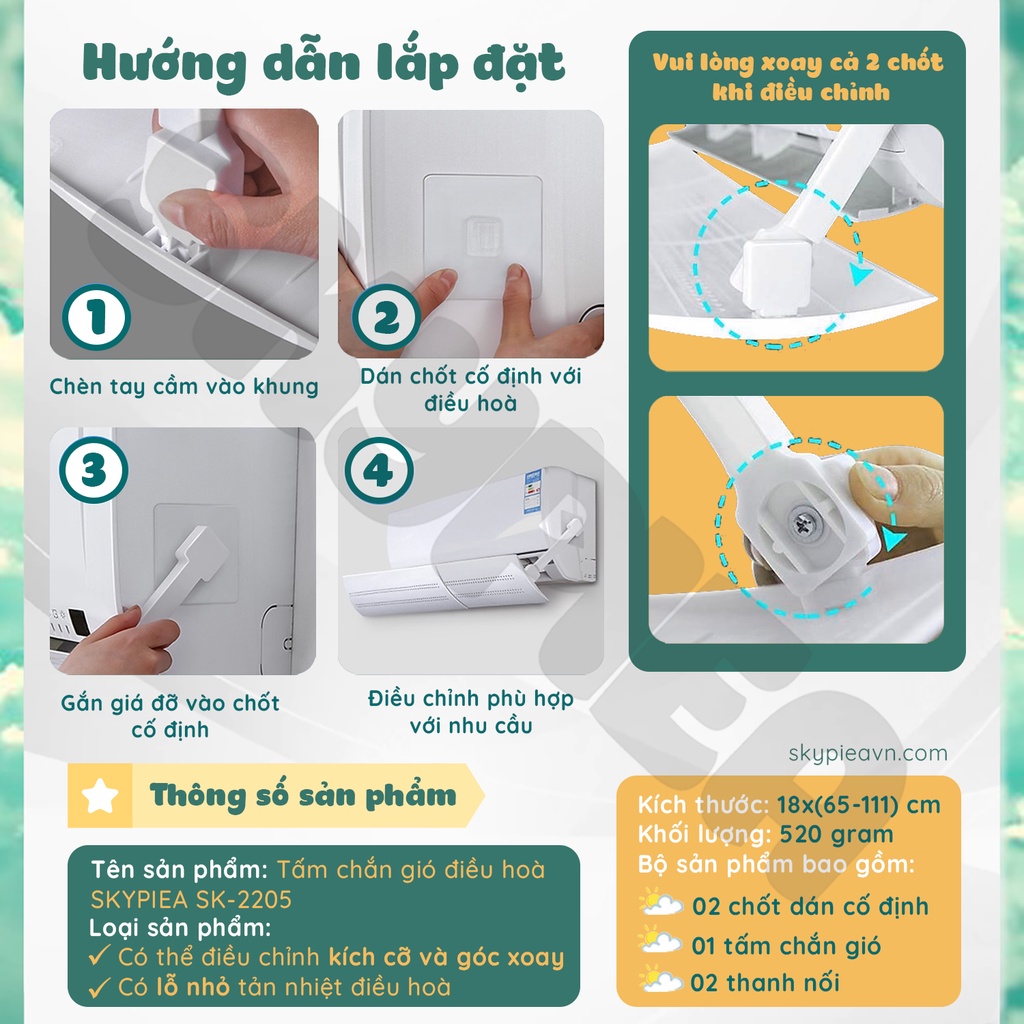 TẤM CHẮN GIÓ ĐIỀU HÒA - TẤM CHẮN ĐỔI HƯỚNG GIÓ - XOAY 180 ĐỘ - CHÍNH HÃNG SKYPIEA