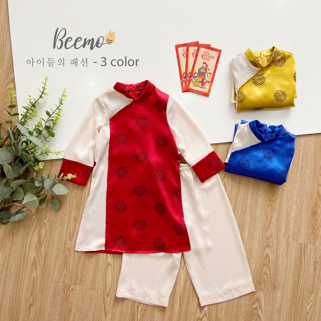 Bộ set áo dài Beemo cho bé trai, bé gái họa tiết đồng xu 3 màu 20V061