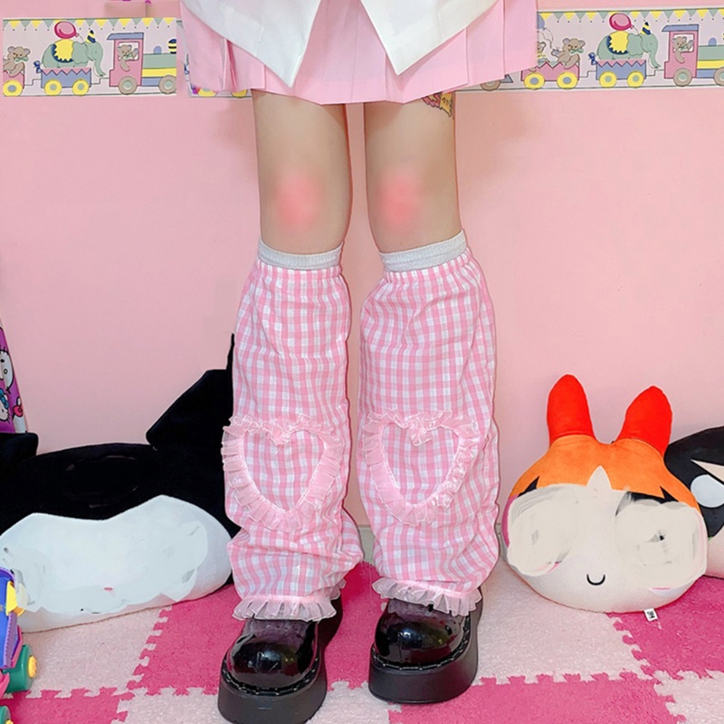 XIXI Tất Ống Chân Giữ Ấm Họa Tiết Caro Hồng Phối Ren Trái Tim Phong Cách Punk Lolita Cho Nữ