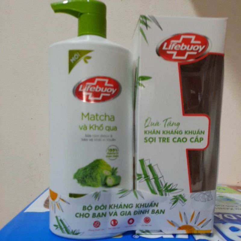 ) Sữa tắm Lifebuoy thanh lọc da khổ qua và matcha 850g (tặng khăn tắm sơ tre cao cấp)