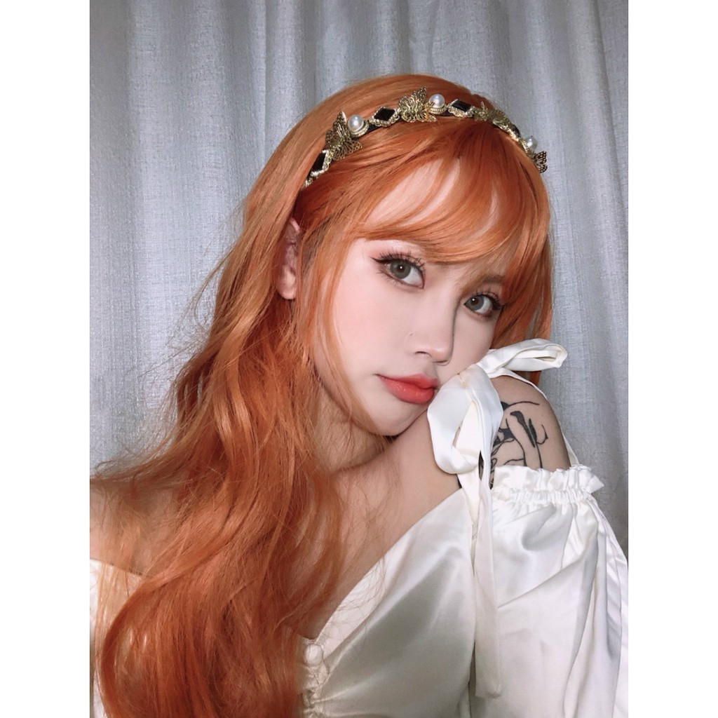 Bộ Tóc Giả Nữ Xoăn Dài Có Mái Màu Cam Đậm