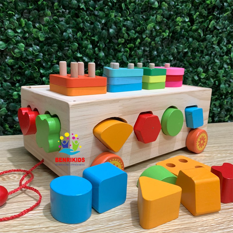 Xe Kéo Thả Hình Khối  [HCM-GIÁ SỈ]   Đồ Chơi Gỗ Montessori ,Màu Sắc Đẹp,Luyện Kỹ Năng Tay và Học Màu Sắc,Hình Khối