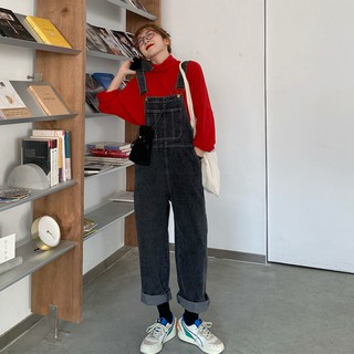 ∈✽Quần Yếm Denim Lưng Cao Ống Rộng Thời Trang Mùa Thu Cho Nữ Đen