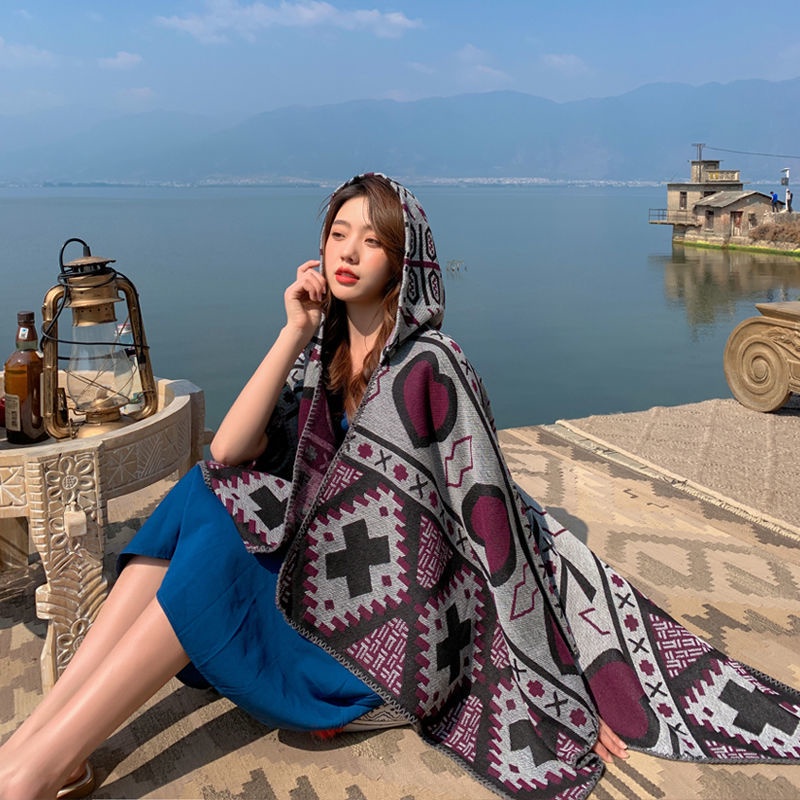 Khăn Choàng Có Mũ Trùm Đầu Màu Đỏ Phong Cách Dân Tộc Dành Cho Nữ