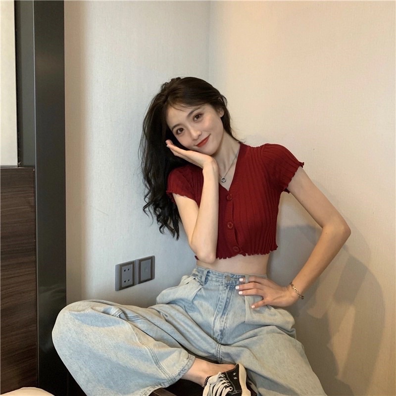 [Che Tên] Áo Croptop Dệt Kim Tay Ngắn Cổ Chữ V Style Hàn Quốc TOPBRA