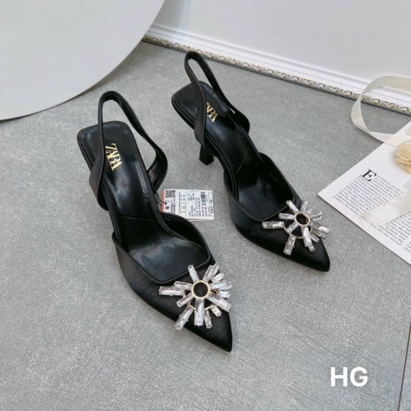 Lo Sandal Giày Cao Gót Nữ 8p Zara Lụa Đá Đen Mềm Êm Fullbox Tag Cao Cấp