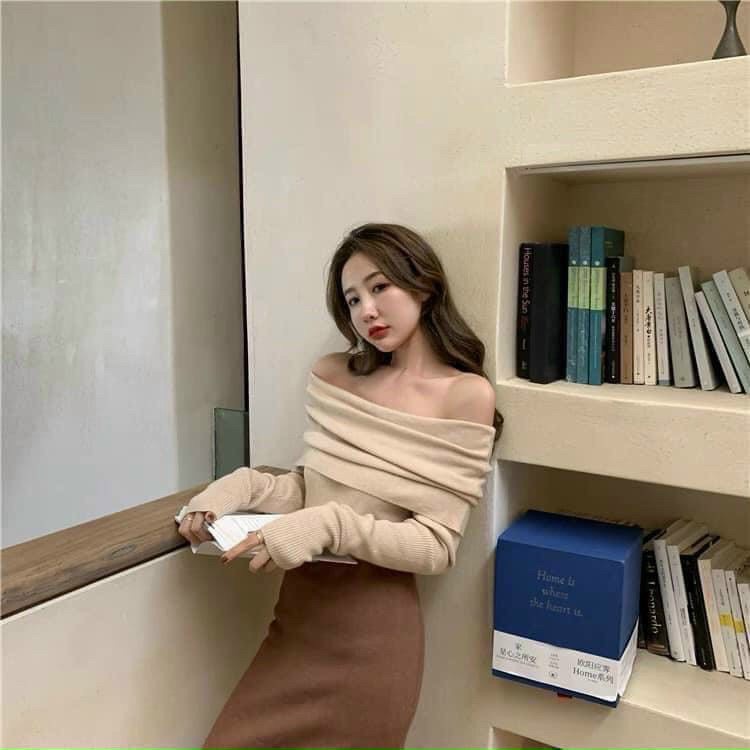 Áo Hở Vai Gấp Nữ  Nana's House - FREESHIP  Áo len dài tay body dáng ôm trẻ trung, cá tính HOT