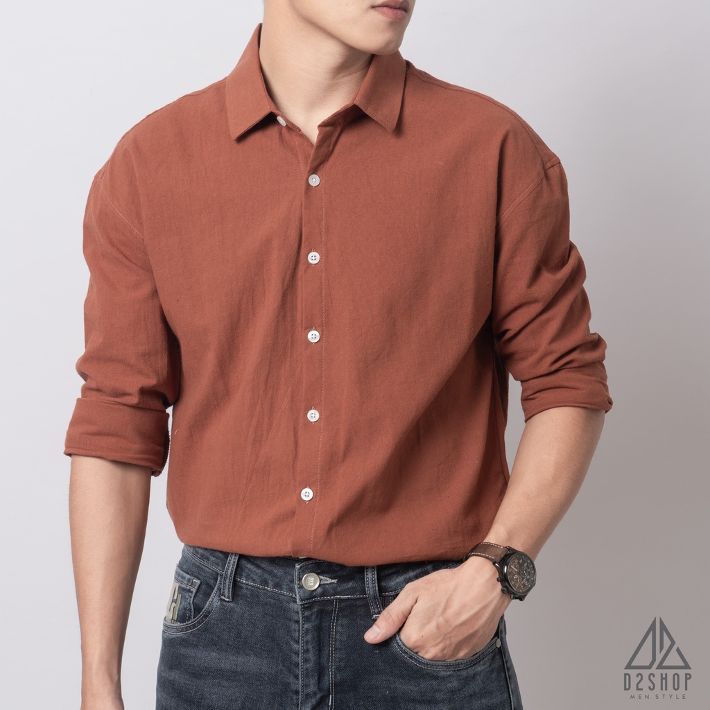 Áo sơ mi D2shop, áo sơ mi nam dài tay vải linen trơn, màu cam đất