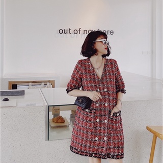 Váy Dạ Tweed Kẻ 2 Túi, Phong Suông, Cúc Có Thể Điều Chỉnh Độ Rộng Hẹp